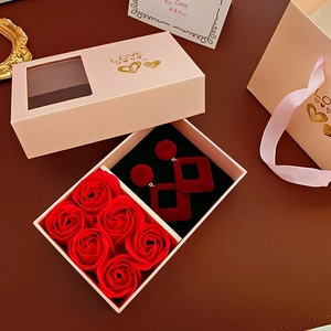 Pink jewelry gift box with red flocking earrings, soap rose, and LOVE gold stamping