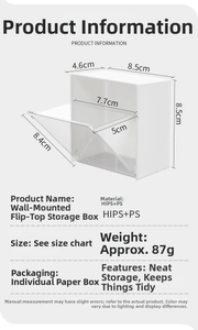 Technical specifications of wall-mounted storage box with HIPS material and 8.5x8.5cm size