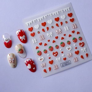 5D embossed strawberry and bowknot nail art stickers for professional manicure design