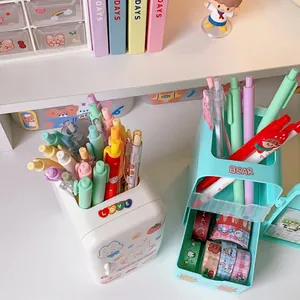 Creative mini fridge pencil holder desktop organizer with cute stickers in blue and white