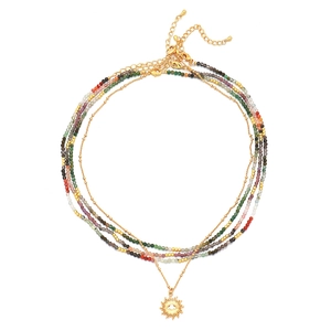 Three-layer colorful natural stone beaded necklace with sun eye pendant in gold finish
