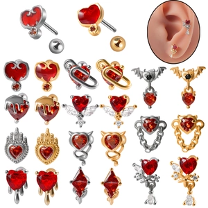 Rotes Herz Zirkonia Ohrstecker Mit Schraubverschluss Edelstahl-Ohrstecker-Stift Gothic Piercing Schmuck Fledermaus Teufel