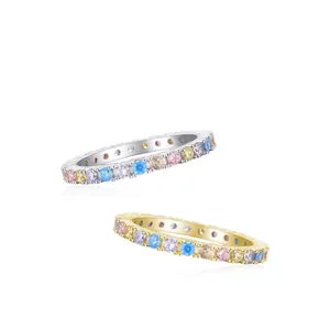 S925 sterling silver eternity rings with round rainbow cubic zirconia in gold and silver