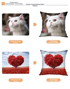 Detailed step-by-step custom printing process for personalized cat and floral pillows