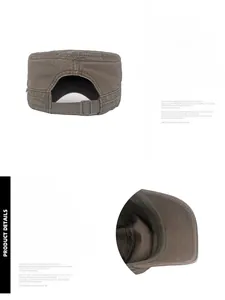 Detail of adjustable metal buckle and breathable washed cotton on brown military flat top cap