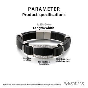 Detail of men's leather bracelet with stainless steel curved bar and crystal inlay