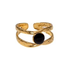 Vintage gold plated stainless steel open ring with black stone inlay and hammered texture