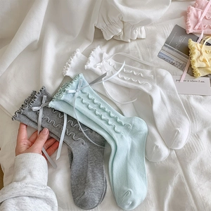 Detailed knit texture of sweet ruffle socks with ribbon bow accents and pastel colors