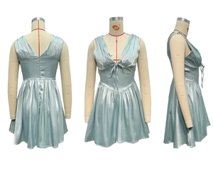 Three-view display of a light blue satin mini dress with deep V-neck and tie-up front detail