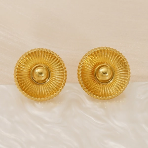 Golden vintage style sunburst textured pearl earrings with 18k gold plating on titanium steel