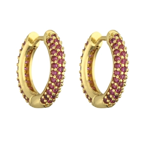 Elegant gold huggie hoop earrings with three rows of pavé-set red round gemstones