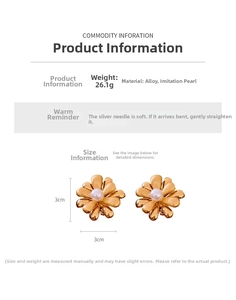 Macro shot of 18k gold plated flower earrings showing 3cm size and 26.1g weight details