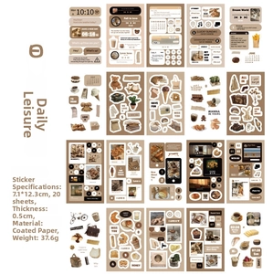 Detail view of 20 vintage brown deco stickers with dimensions and material specs