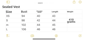 Size chart for winter fashion stand collar vest showing measurements and product weight