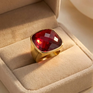 Macro shot of square cut red crystal cocktail ring in a golden wide band jewelry box