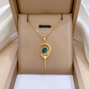 Magic Wand Crescent Moon Pendant Necklace Stainless Steel Chain Copper Blue Gemstone Cubic Zirconia Fantasy Jewelry