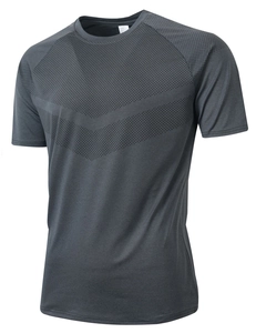 Detail of grey athletic T-shirt featuring breathable V-shape mesh dots and size L tag