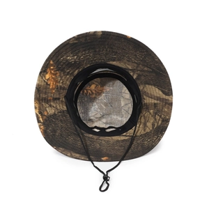 Breathable leaf camouflage fishing hat with mesh lining and adjustable chin strap