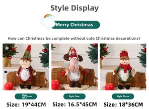 Three Christmas plush gift bags featuring Santa, Reindeer, and Snowman characters with sizes