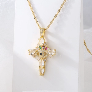 Luxurious 18K gold plated cross pendant necklace with blue evil eye and colorful crystals
