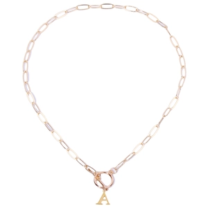 Gold paperclip chain necklace with initial A pendant and OT buckle on white background