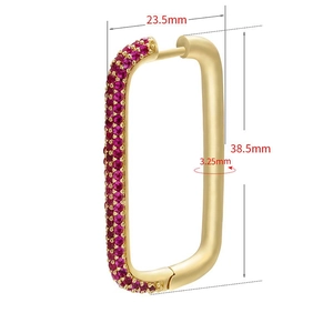 U-shaped gold rectangle earrings with ruby red crystals and dimension markings