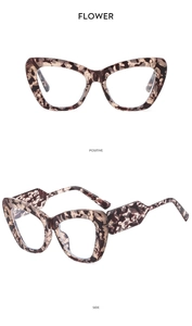 Detailed views of leopard print cat eye sunglasses with thick geometric side temples