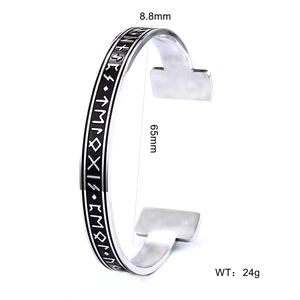 Vintage Viking rune open cuff bracelet in steel finish featuring nordic runic symbols
