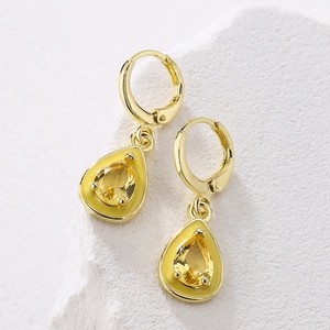 Bohemian gold-plated teardrop earrings with yellow zircon and enamel inlay