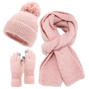 Pink winter knit set featuring pom-pom beanie, long scarf, and touchscreen gloves