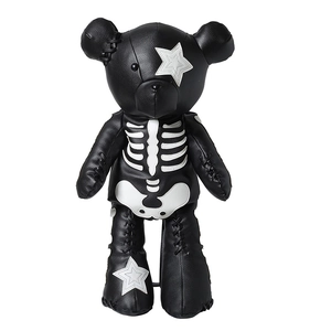 Fashionable black teddy bear backpack with white skeleton pattern and star patches