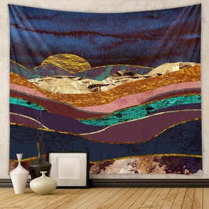 Detailed texture of abstract landscape wall tapestry with golden mountain and blue sky