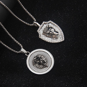 Lion Head Wolf Head Shield Pendant Necklace Alloy Rhinestone Stainless Steel Chain Hip Hop Jewelry For Men Women