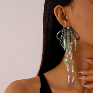 Elegant green crystal tassel earrings with petal design and silver needles for women
