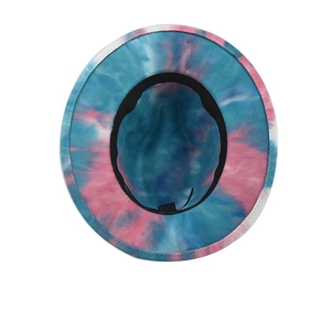Tie-dye wide brim fedora hat in pink and blue wool felt from a top-down interior view