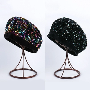 Women Vintage Shimmering Sequin Beret Hat Fashion Flocking Sequin Painter Hat Warm Winter Pumpkin Cap For Party Performance
