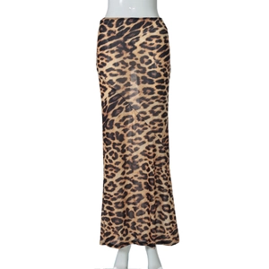 Detail of leopard print mesh skirt fabric showing pattern texture and elastic waistband