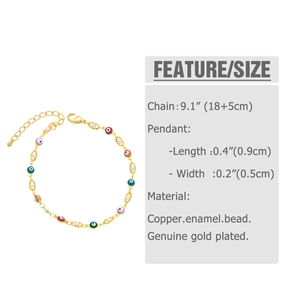Detail view of multi-color Evil Eye bracelet with gold chain, enamel beads and pearls