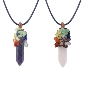 Handmade Tree of Life wire wrapped natural amethyst and rose quartz crystal pendants