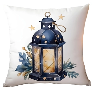 Detail of square cushion cover with artistic watercolor blue lantern print on white fabric