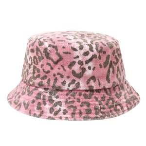 Pink leopard print bucket hat with distressed vintage style and casual canvas texture