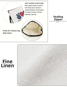 Detailed views of linen cosmetic bag with peace heart print, alloy zipper and large interior