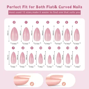 Size chart for nude almond press-on nails featuring 15 different sizes from 0 to 14