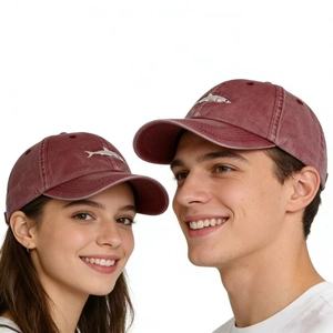 Vintage washed burgundy baseball cap featuring a white shark embroidery for men and women