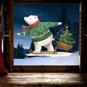 Christmas window sticker featuring a white polar bear in a scarf on a wooden sled with a tree
