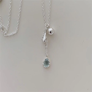 Minimalist 925 sterling silver Y-necklace with blue teardrop crystal pendant