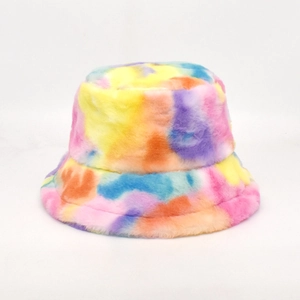 Plush tie-dye bucket hat in soft faux rabbit fur featuring vibrant macaron colors