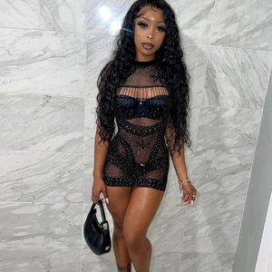 Robe Courte Femme Noire En Maille Avec Strass Sans Manches Découpe Sexy Moulante Clubwear Soirée