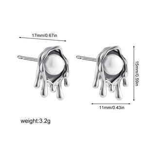 Detailed view of silver molten lava stud earring with pearl and dimensions 15x11mm