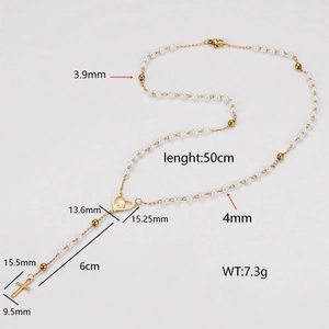 Collier chapelet en perles de style français avec médaille coeur et croix en acier